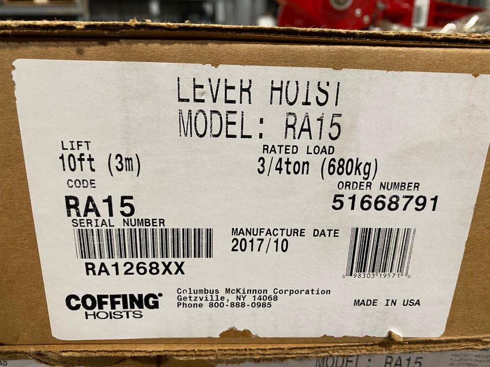 Coffing 3/4 Ton Lever Hoist with 10ft Lift, Model RA15